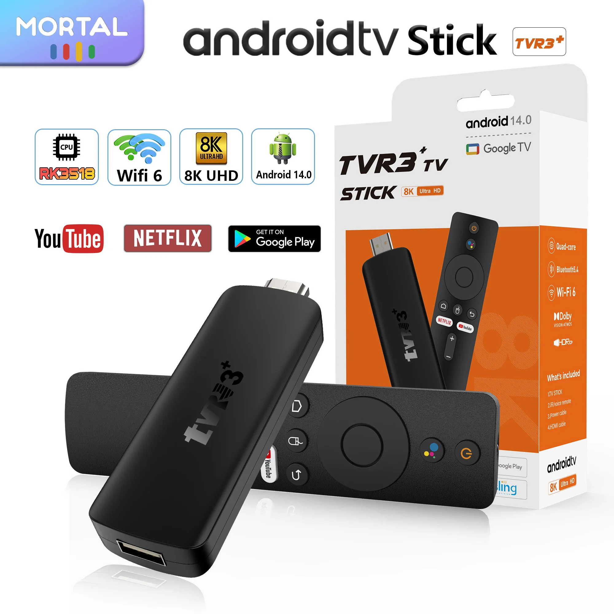 Factory price Android 14.0 TV stick TVR3+ RK 3518, supports Wi-Fi 6, custom dual UI, voice assistant, YouTube, and 8K TV stick