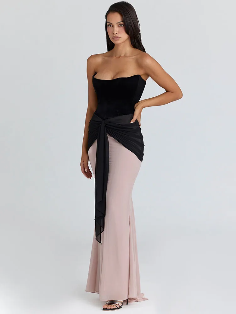 Blifanbo Strapless Sexy Ribbon Maxi Dress Women Gown Ruched Contrast Color Patchwork Bodycon Sleeveless Club Party Dress Elegant