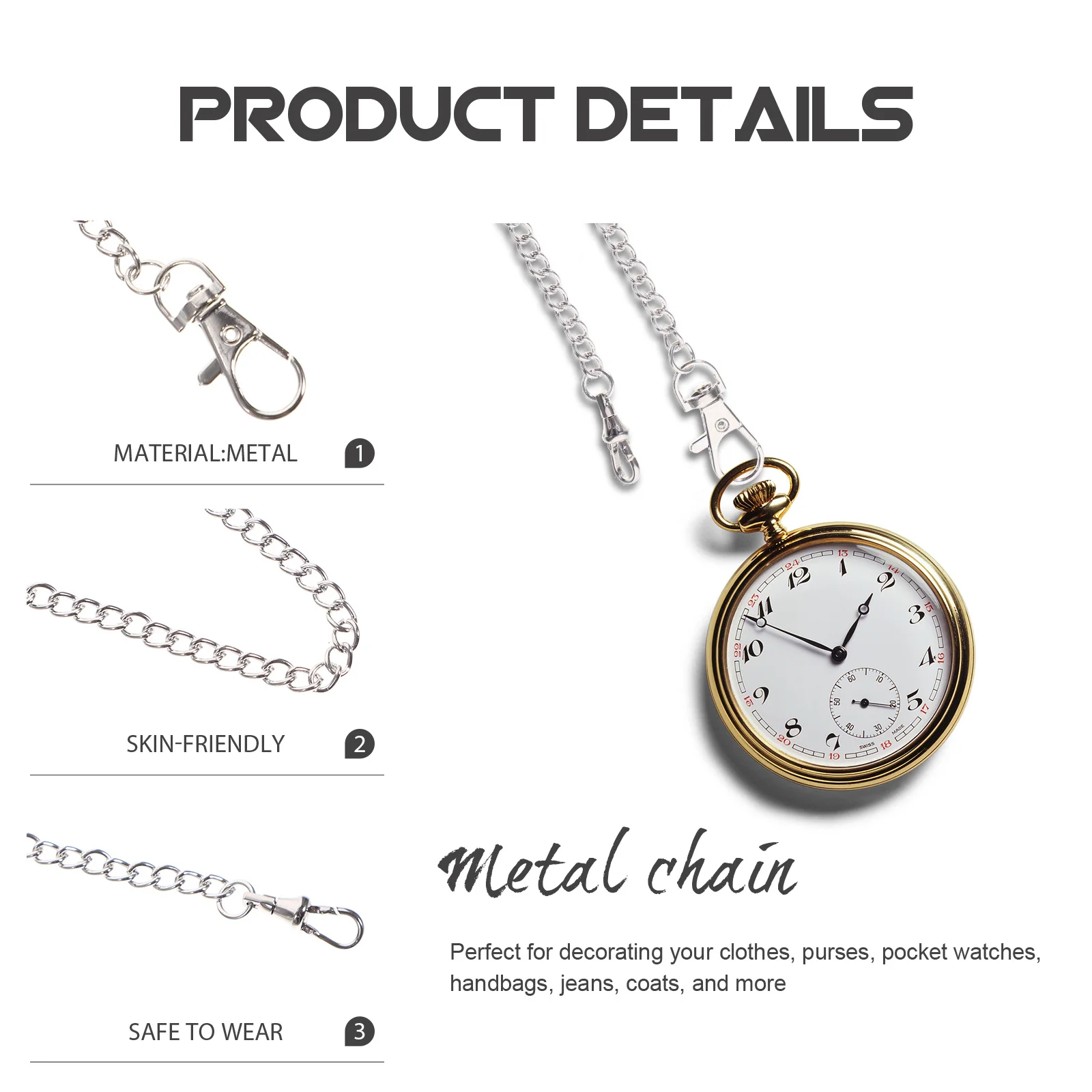 Pocket Watch Chain Metal Pants Chains for Men with Buckle Accessories Accessory