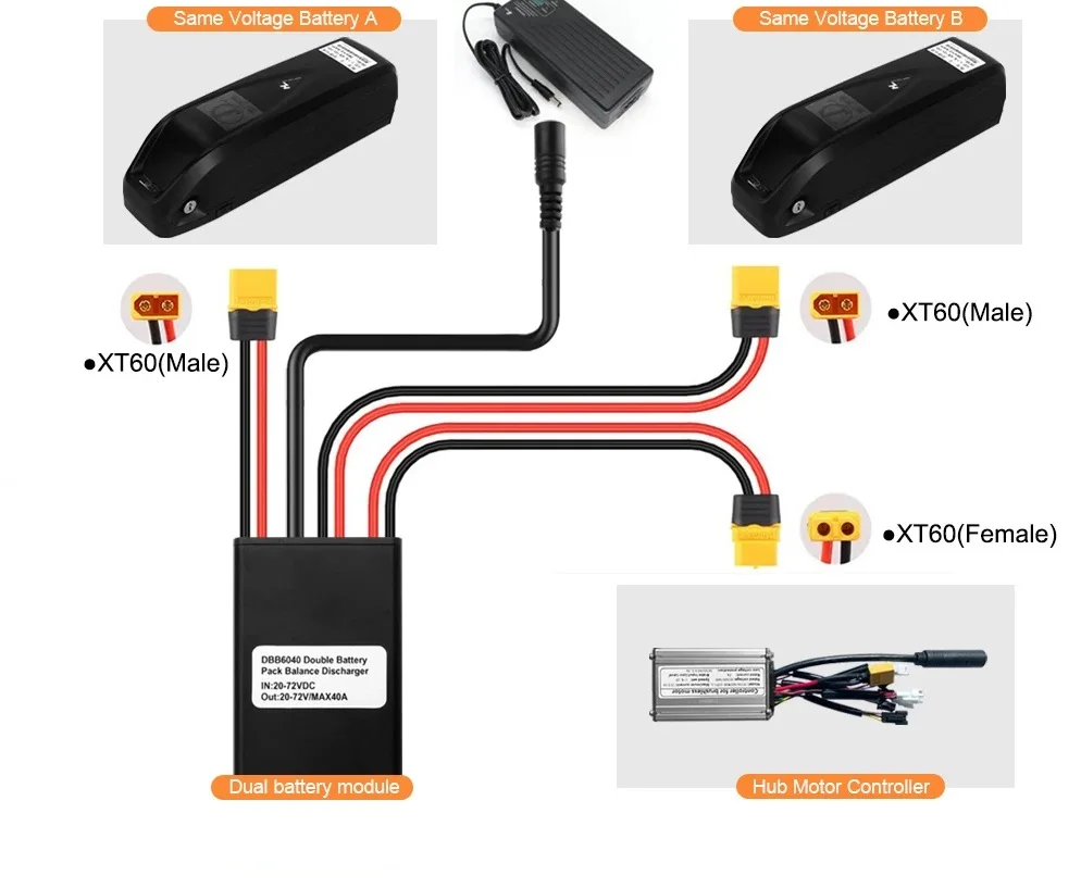 20A 30A 40A Ebike Dual Battery Discharge Converter Connection Adapter 20V-72V