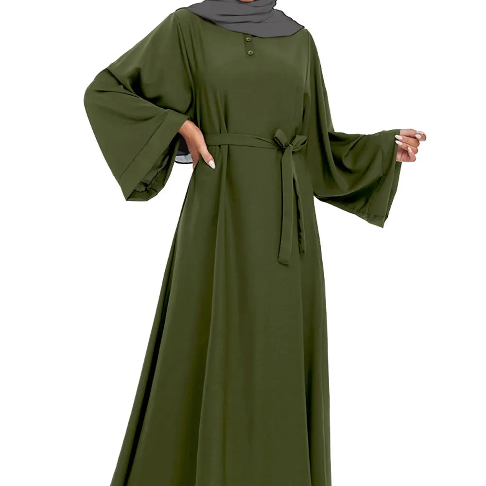 

Middle East Ramadan Robe Prayer Abaya Eid Al-Fitr Worship Clothes Muslim Women's Garment Solid Slim Button Lace-up Long Dress