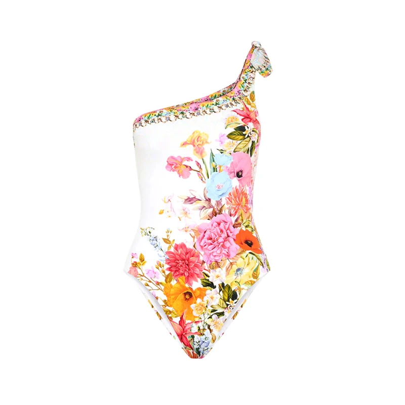 New 2023 Sexy Flower Print Swimsuit One-shoulder One-piece Swimwear Ruffle Strappy Design Monokini Women Bathing Suit Dress