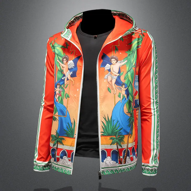 Fall European Style Vintage Bomber Jacket Luxurious Baroque Palace Printing Pattern Hooded Jacket Club Outfit Pattern Jacket