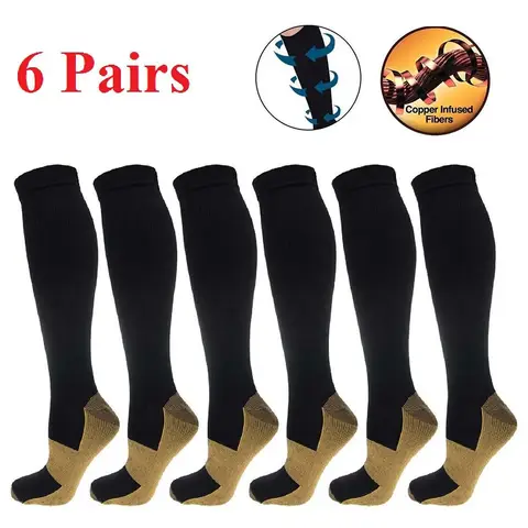 6 Pair Copper Compression Socks Women Men Anti Fatigue Pain Relief Graduated Unisex Compression Stockings Knee High 20-30 MmHg