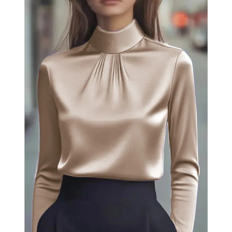 

Fashion Commuting Women Blouses Shirts 2025 Satin Solid Color Stand Collar Long Sleeve Shirt 2025 Spring Autumn Tops blusa mujer