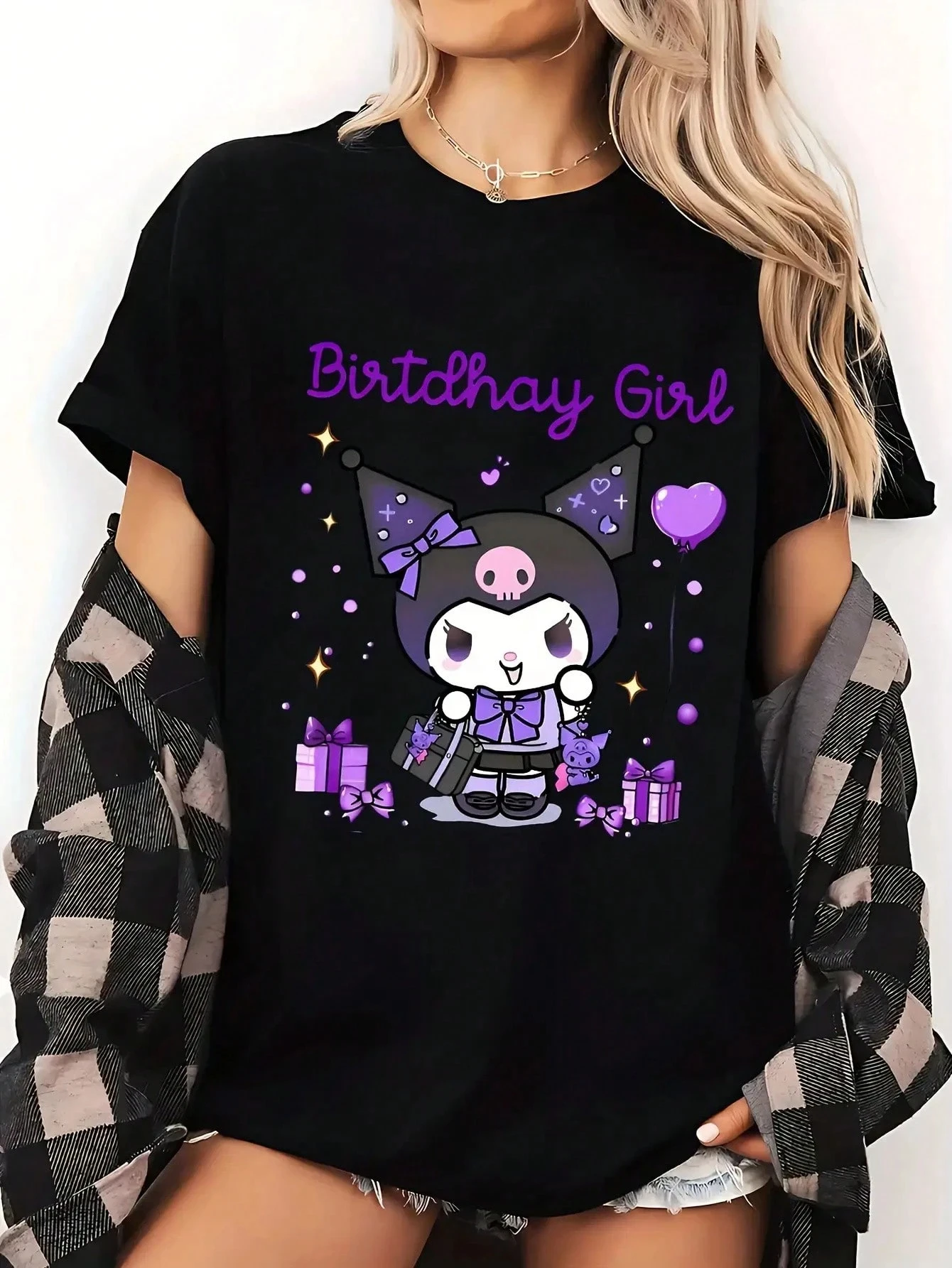 Kulomie cartoon printed T-shirt women's summer round neck loose trendy brand couple middle school student versatile casual top