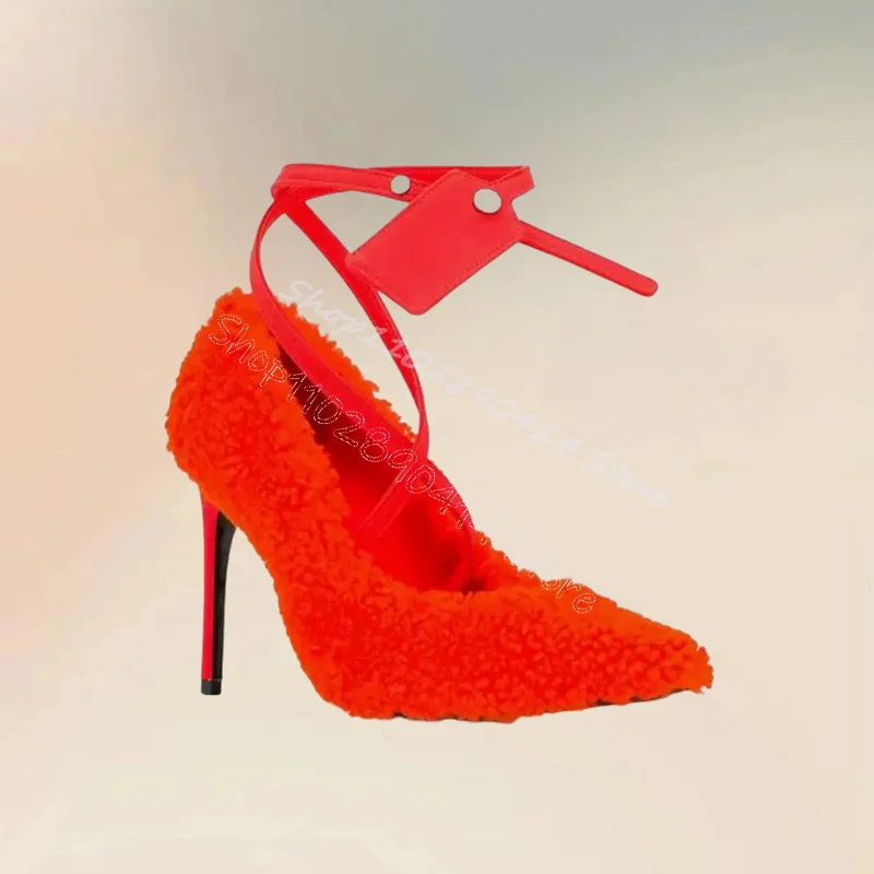 

Red Lamb Wool Shallow Pointed Toe Pumps Buckle Strap Women Shoes Thin High Heels Fashion Party Runway 2024 Zapatos Para Mujere