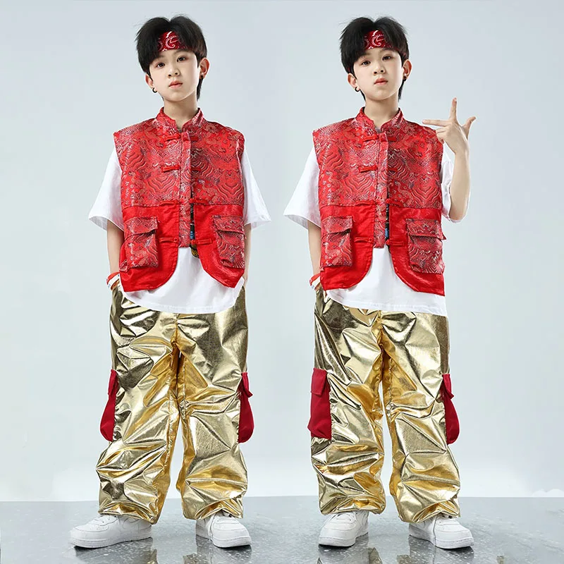 Chinese Style K Pop Performance Outfits Jazz Dance Costume Kids Walk Show Cool Boy Hip Hop Children'S Street Dance Red Set XH67