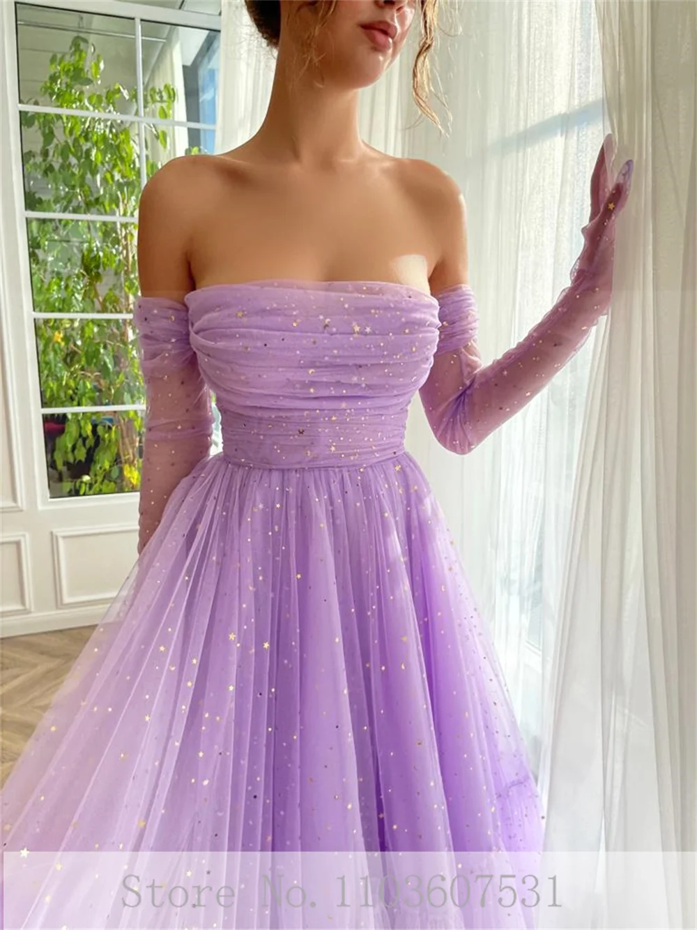 Boat Collar Strapless Pleated Tulle Sequins Prom Dress for Women Elegant A-line Tea-Length Prom Gown robe de mariée