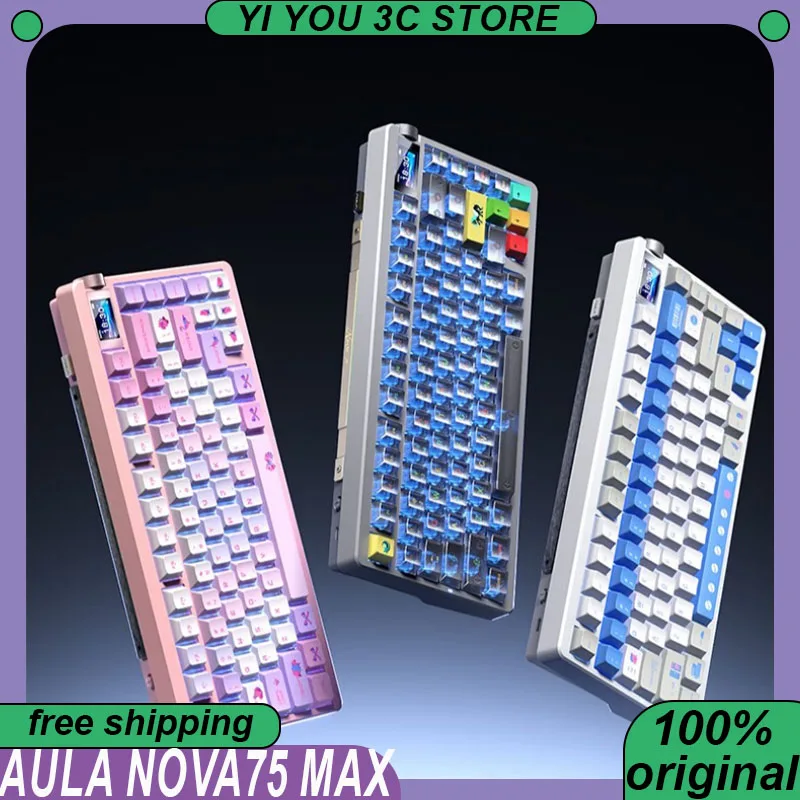 AULA NOVA75 MAX Mechanical Keyboard Wireless Tri-mode 1.14 inches Smart Colorful Screen 10000mAh Gasket PC Gaming Keyboards