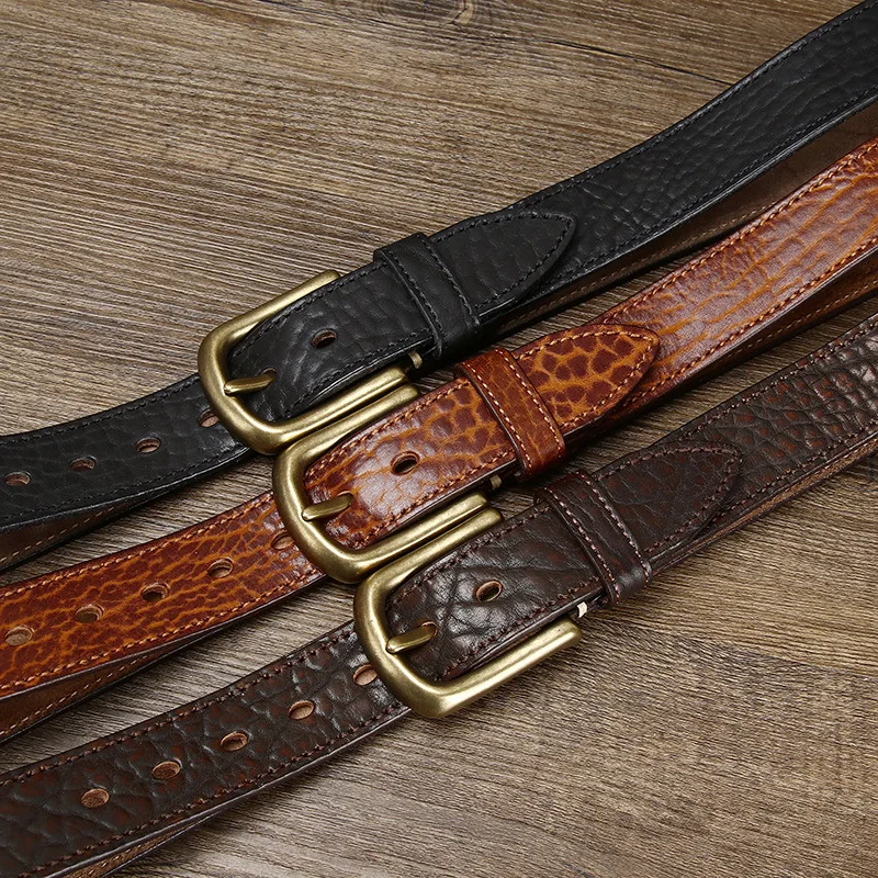 3.8 CM Pure Cowhide Genuine Leather for Men's High Quality Jeans Brass Buckle Belts Cowboy Waistband Male Thickened Bison Skin