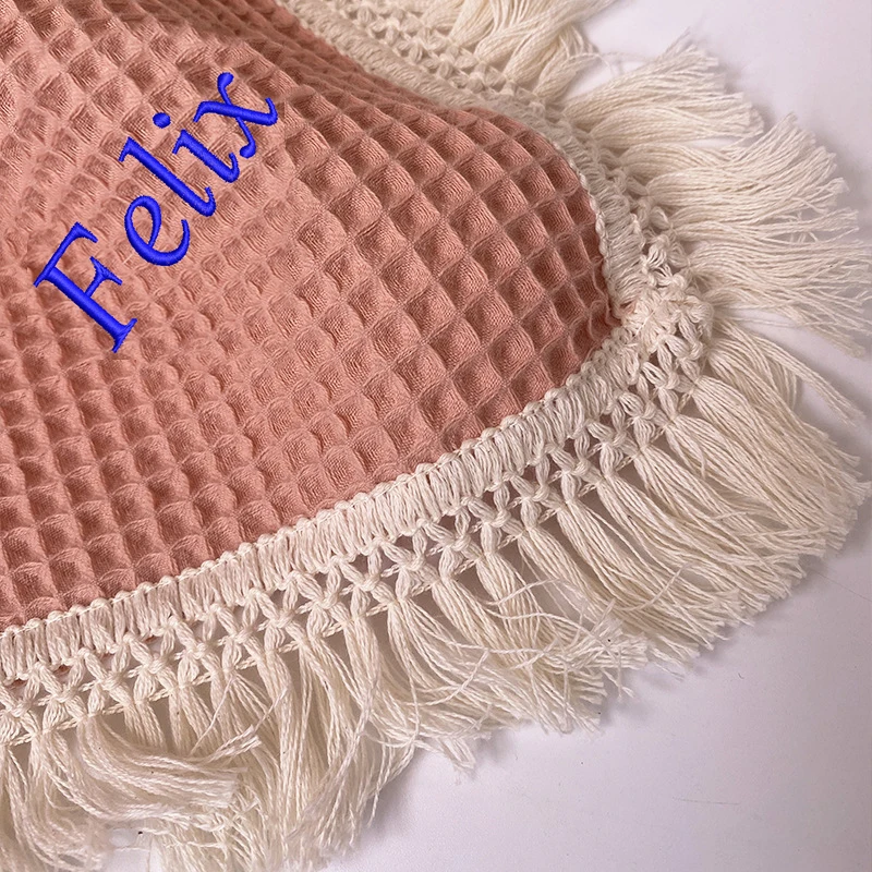 Personalized Name Tassel Baby Blanket Newborn Waffle Cotton Swaddle Newborn Stroller Blanket Bedding Infant Nap Bed Cover