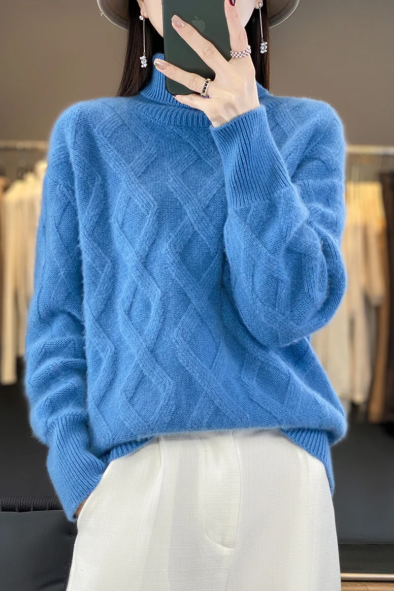 Autumn and winter new 100% pure wool high lapel loose pullover solid color Fried Dough Twists design fashion knitting sweater to