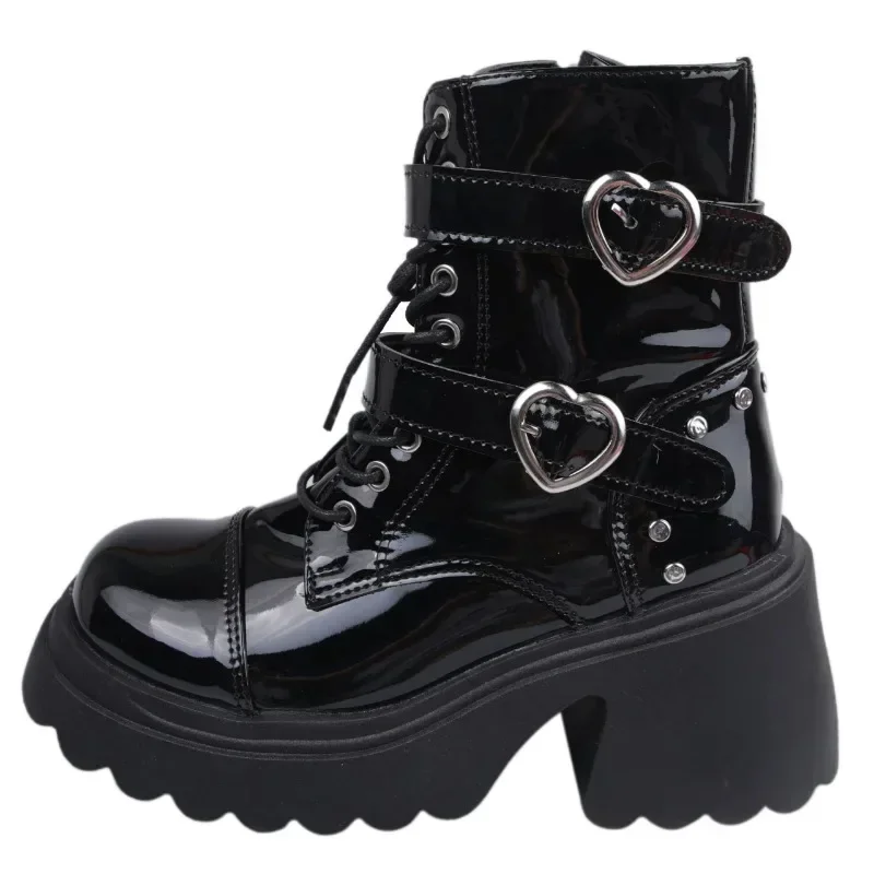 

6CM Punk Style Platform Women Ankle Boots 2023 New Women's Motorcycle Boot Fashion Ladies Chunky Shoes Metal Decor Black Gothic