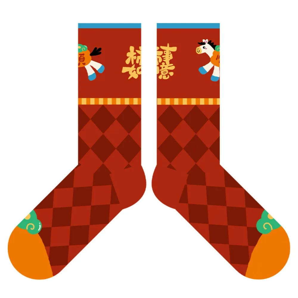 

Модные женские эластичные полосатые носки с красной лошадью, вязаные хлопковые зимние ботинки, зимние утолщенные средние носки-трубы, подарок на Новый год