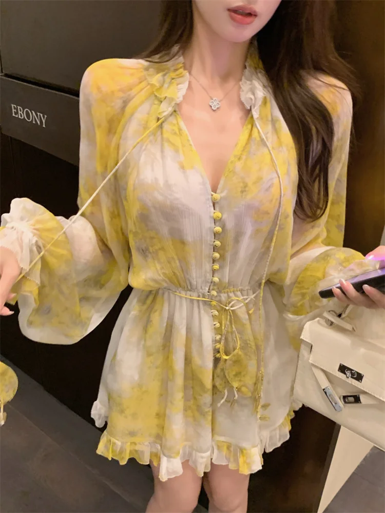 Robe trapèze en mousseline de soie jaune fleuri, col en v, manches longues, élégante, à volants, boutonnée, robes de vacances, Boho, été