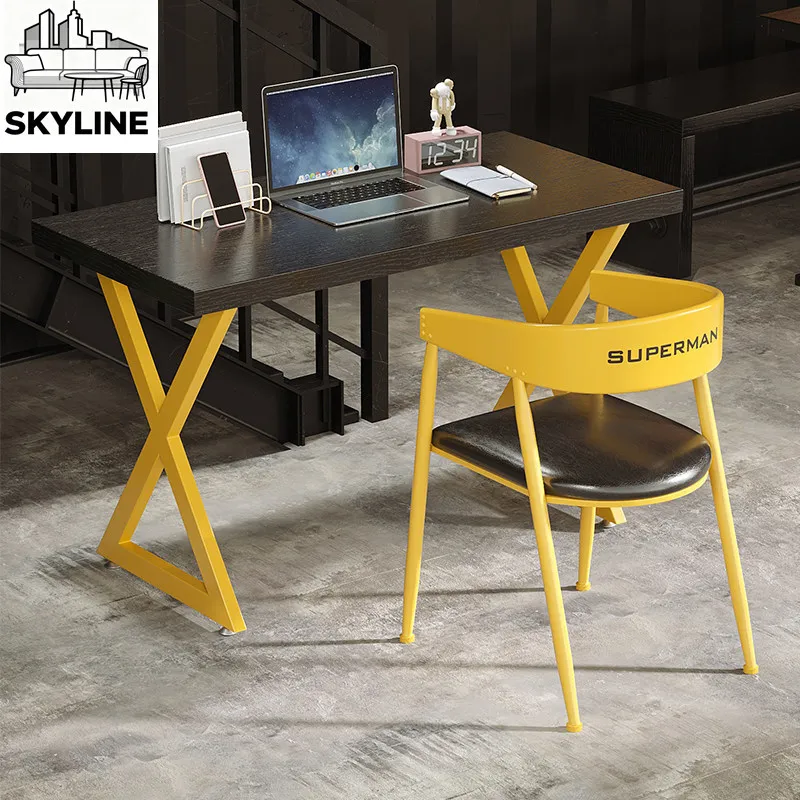 Modern Iron Leg Solid Wood Study Desk, Multi-purpose Long Work Table Set for Household Office Space