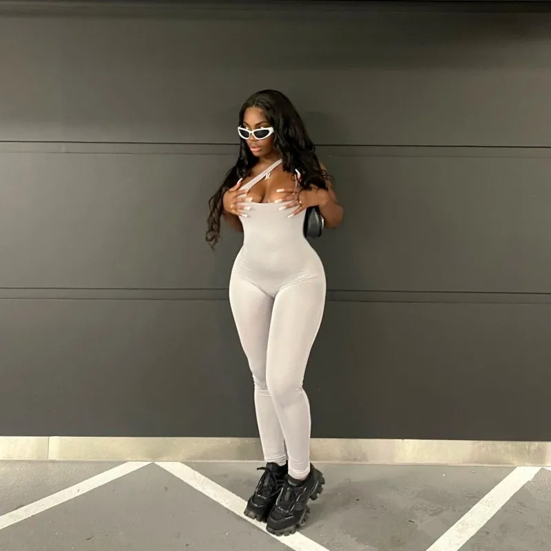 Oshfall Women Sexy Diagonal Collar Sleeveless Backless Jumpsuit Summer Solid Color Sports Jumpsuit Midnight Party Club Clothing