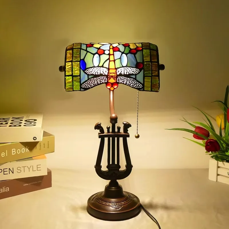 

Dragonfly retro color, glass with zipper bank, bedroom bedside table lamp, study living room, decorative table lamp