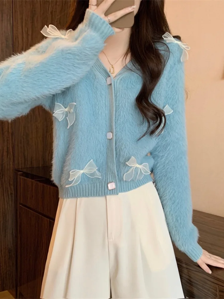 

Bowknot Sweater Coats Women Autumn Winter V Neck Soft Knitted Cardigans Tops Cute Single Breasted Casual Sweater