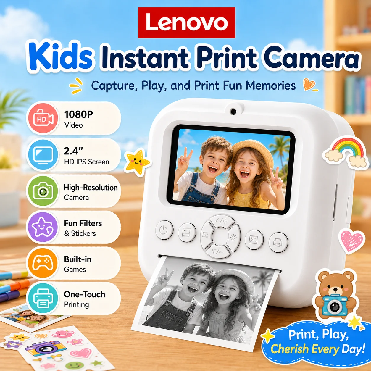 

Lenovo Color Printing Camera Kids Instant Camera 1080P Digital Camera Print Photo Children Christmas Birthday Gift 1300mAh DY35