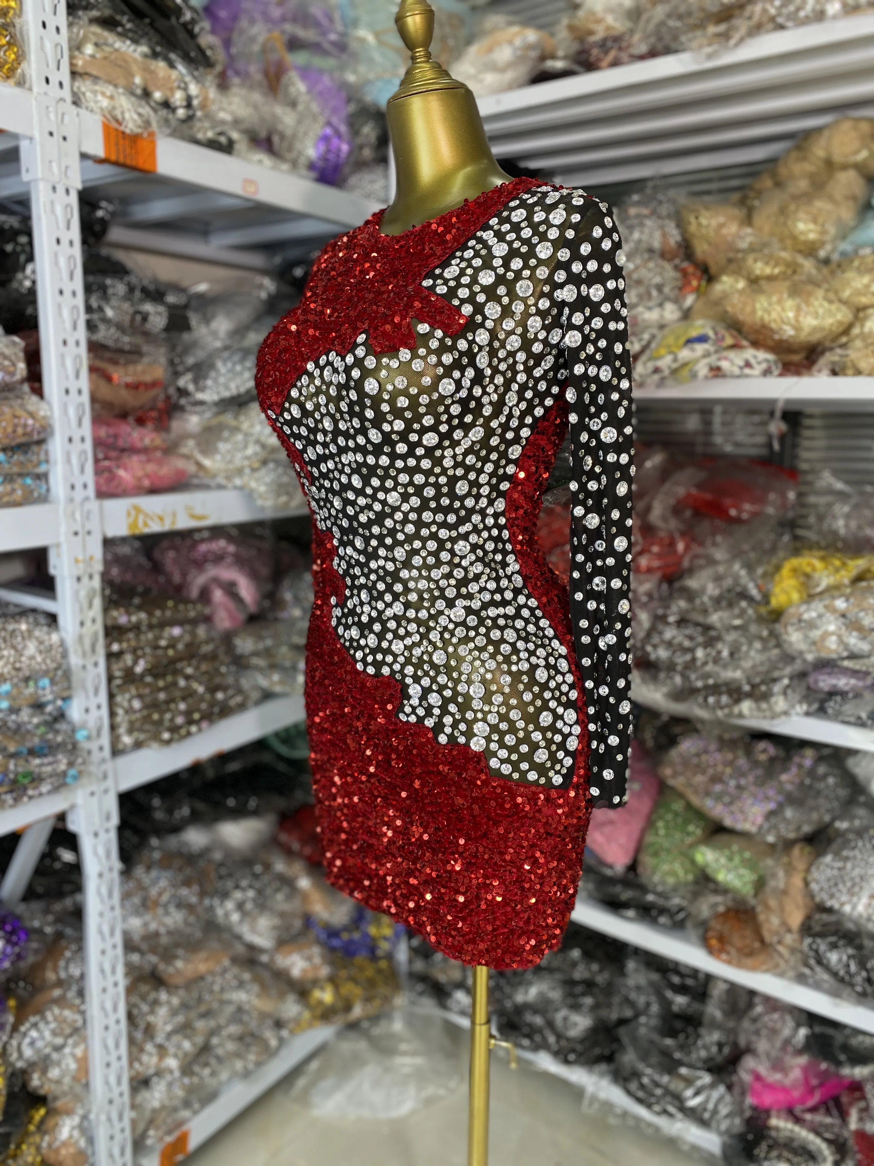 Sparkly Rhinestones Sequines Patchwork Mini Dress Elegant Long Sleeve Evening Prom Celebrate Birthday Dress Show Stage Costumes