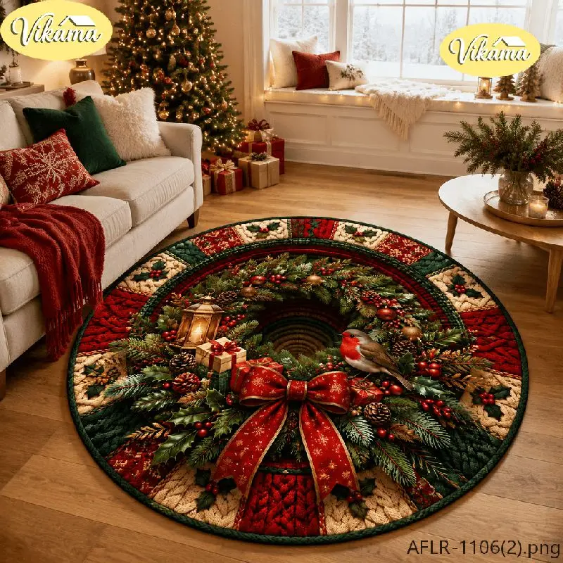 VIKAMA Christmas Round Rug Christmas Wreath Robin Red Berry Area Rug Living Room Holiday Home Decor Aesthetic Art Large Premium
