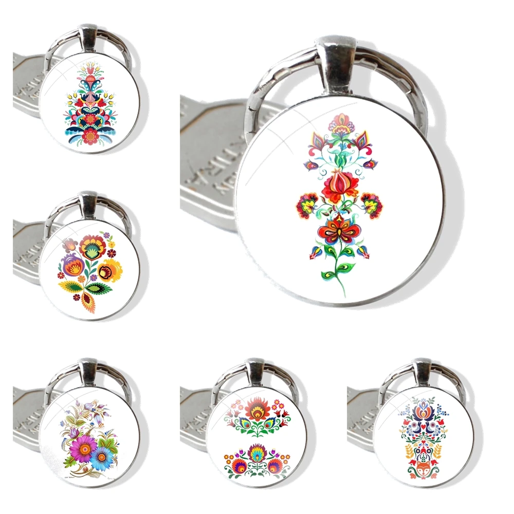 Keychain Handmade Glass Cabochon Key Ring Holder Pendant Key Chains Simplicity Folk Flowers Patterns