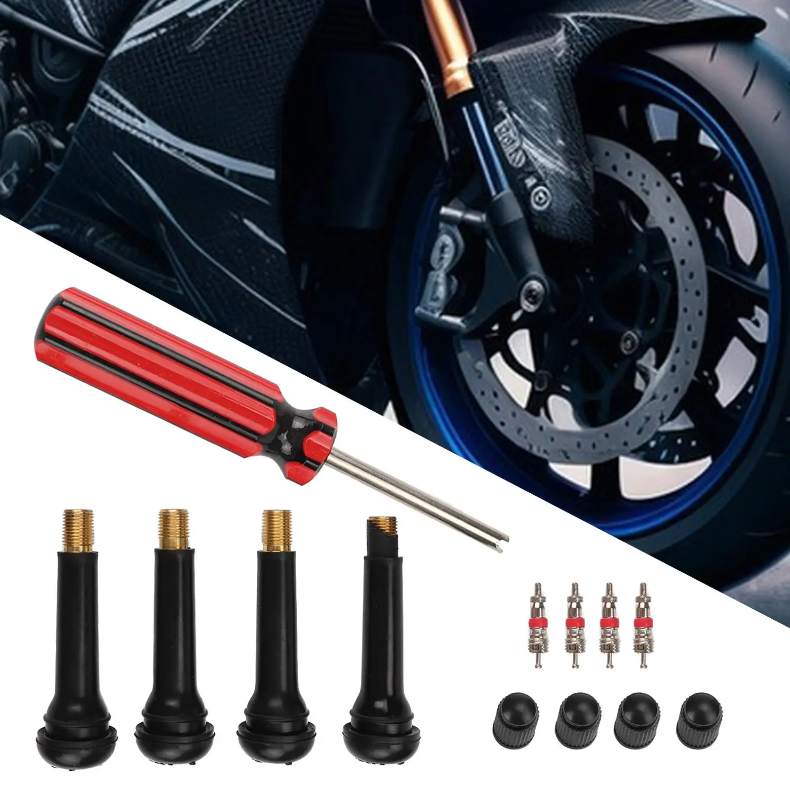 Valve Core Installer Tool Tire Maintenance Tool with 4 Valve Cores for Motorbike Motorcycle Wheel Tire Repairing Car Auto