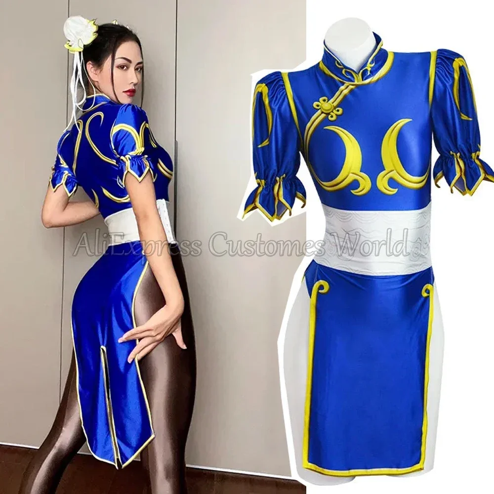 

Game Street Chun Li Cosplay Costumes Sutorito Faita Blue Cheongsam Dress Belt Headgear With Women Girls Clothes Halloween Party