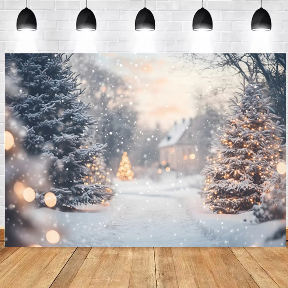 خلفية الشتاء في الهواء الطلق مشهد سنوفيلد ثلجي الصنوبر الغابات منزل استحمام الطفل ديكور الحفلات الكبار صورة التصوير الخلفية