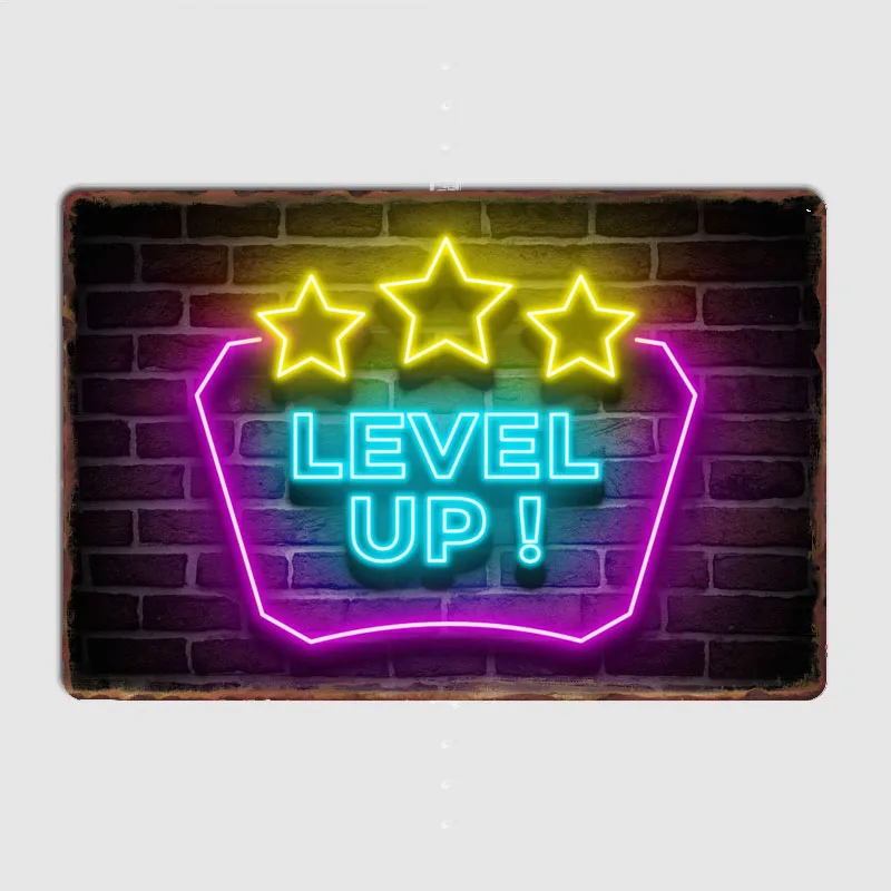 Level Up Neon Sign Metal Wall Art Cave Pub Classic Painting Tin Neon Sign Vintage Posters Room Decor Home Decoration