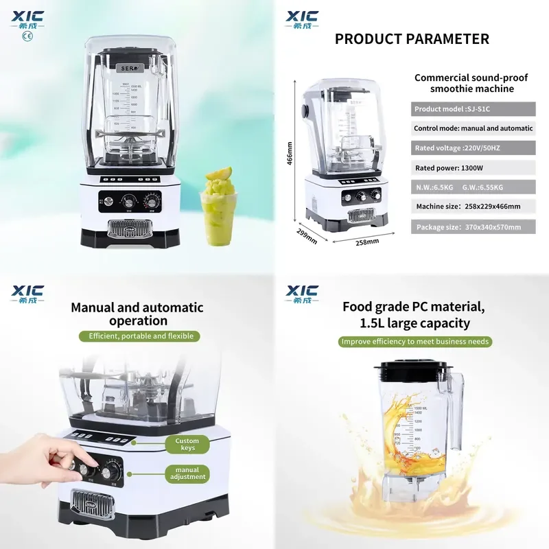 2026 Multifunctional Commercial Silent Juice Milkshake Ice Crusher Blender 1.5L 1300W Motor Sound Insulation Cover Beverage