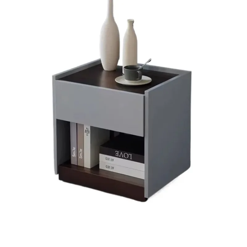 *Simple solid wood bedside tables, drawers and open storage, eco-friendly apartment with contrasting bedrooms