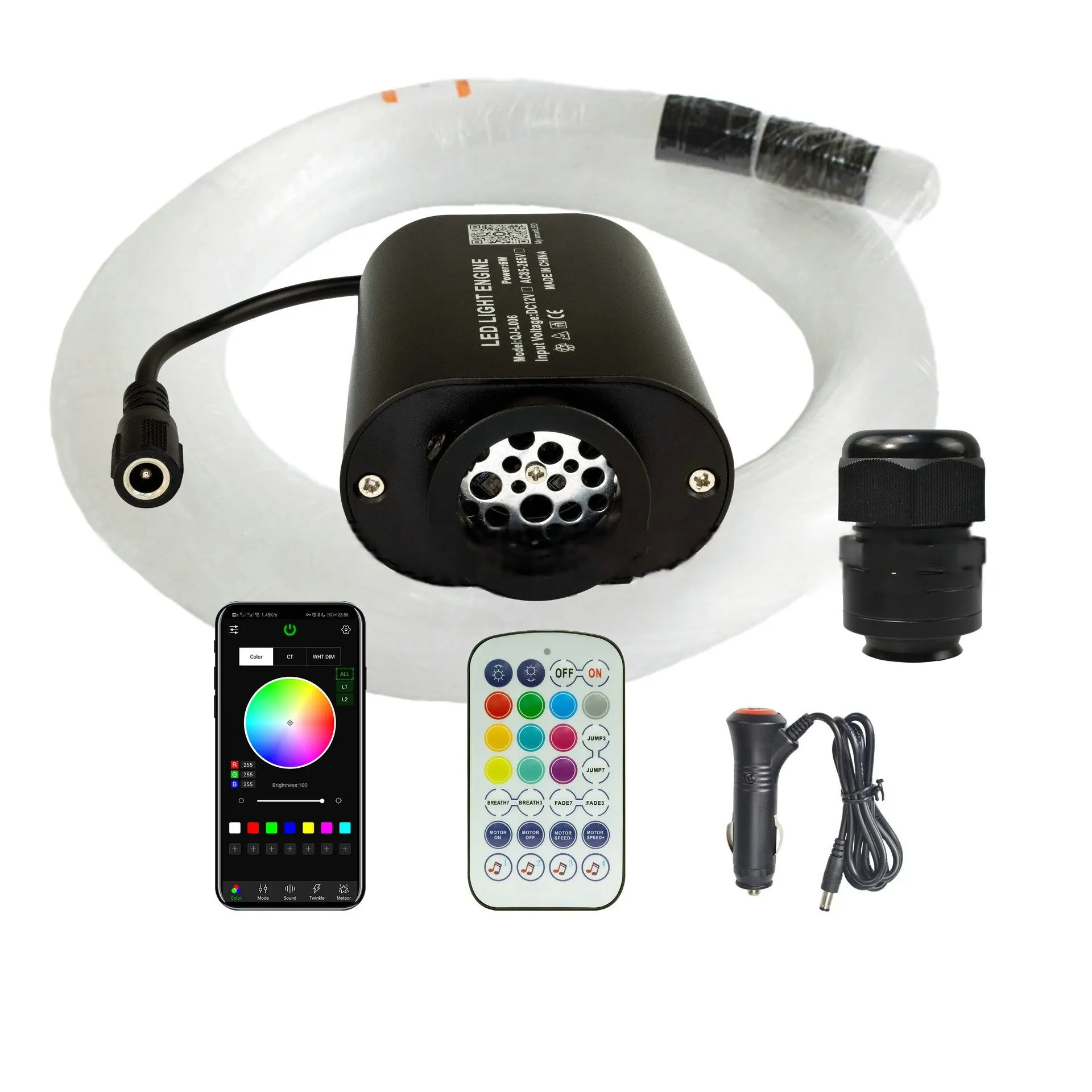 

6 Вт мерцающий и звуковой активированный волоконно-оптический источник света RGBW Light Box Двигатель Дайвер Приложение/дистанционное управление Музыкальный датчик Автомобильный потолок DIY