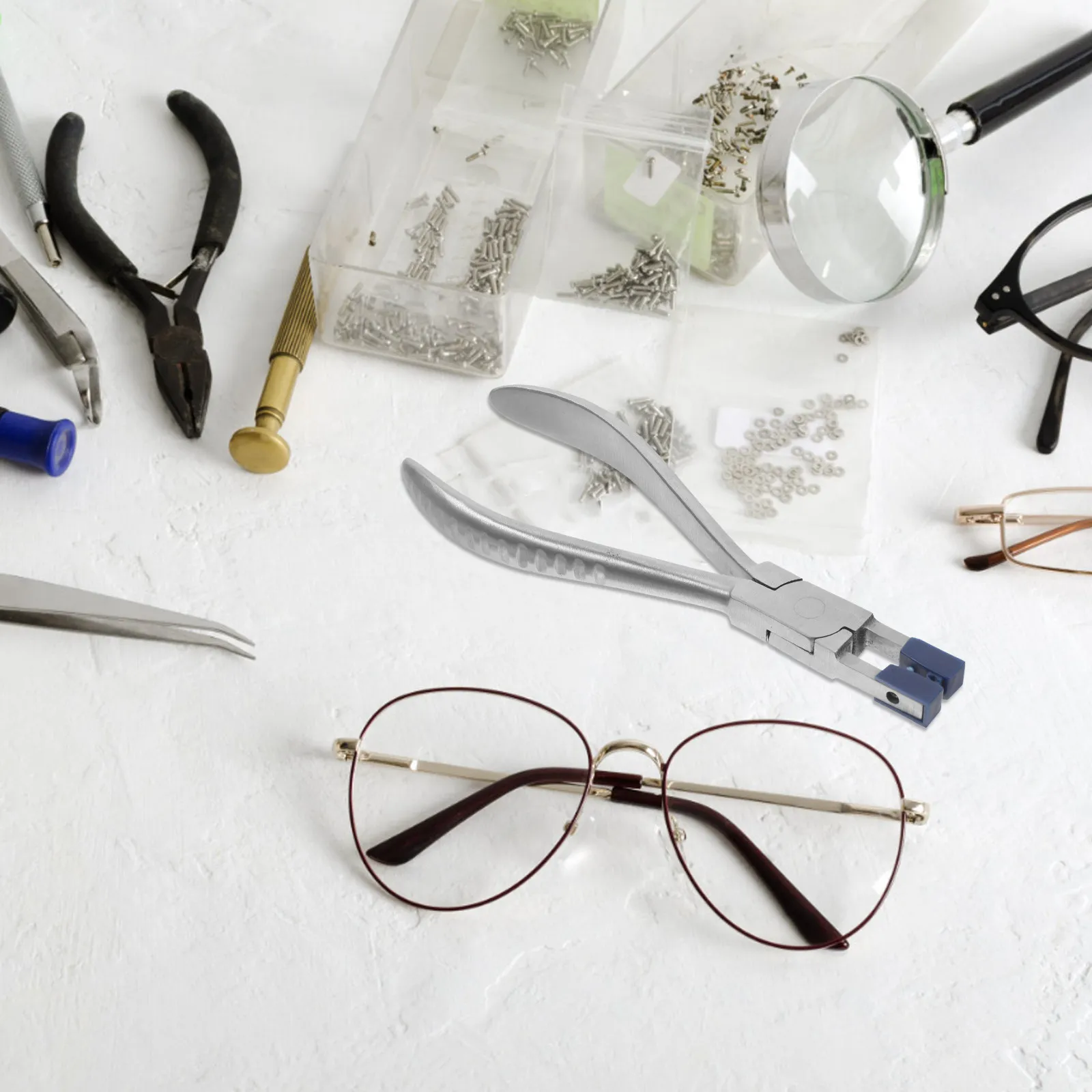 

Heavy Duty Stainless Steel Glasses Repair Pliers Rimless Eyeglass Adjusting Tool All-in-One Hand Tool for Nose Pad Leg Hinge