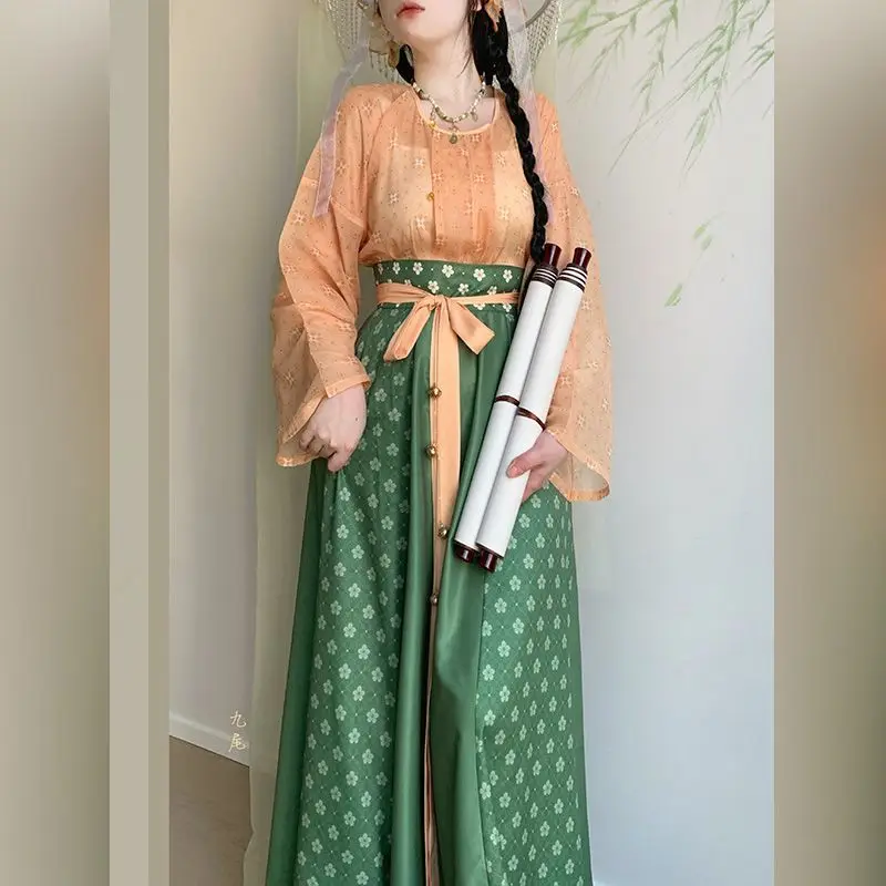 

Оригинальный комплект Hanfu династии Тан - новый женский топ с круглым воротником и высокой талией с принтом + длинная юбка, китайская одежда, косплей для женщин