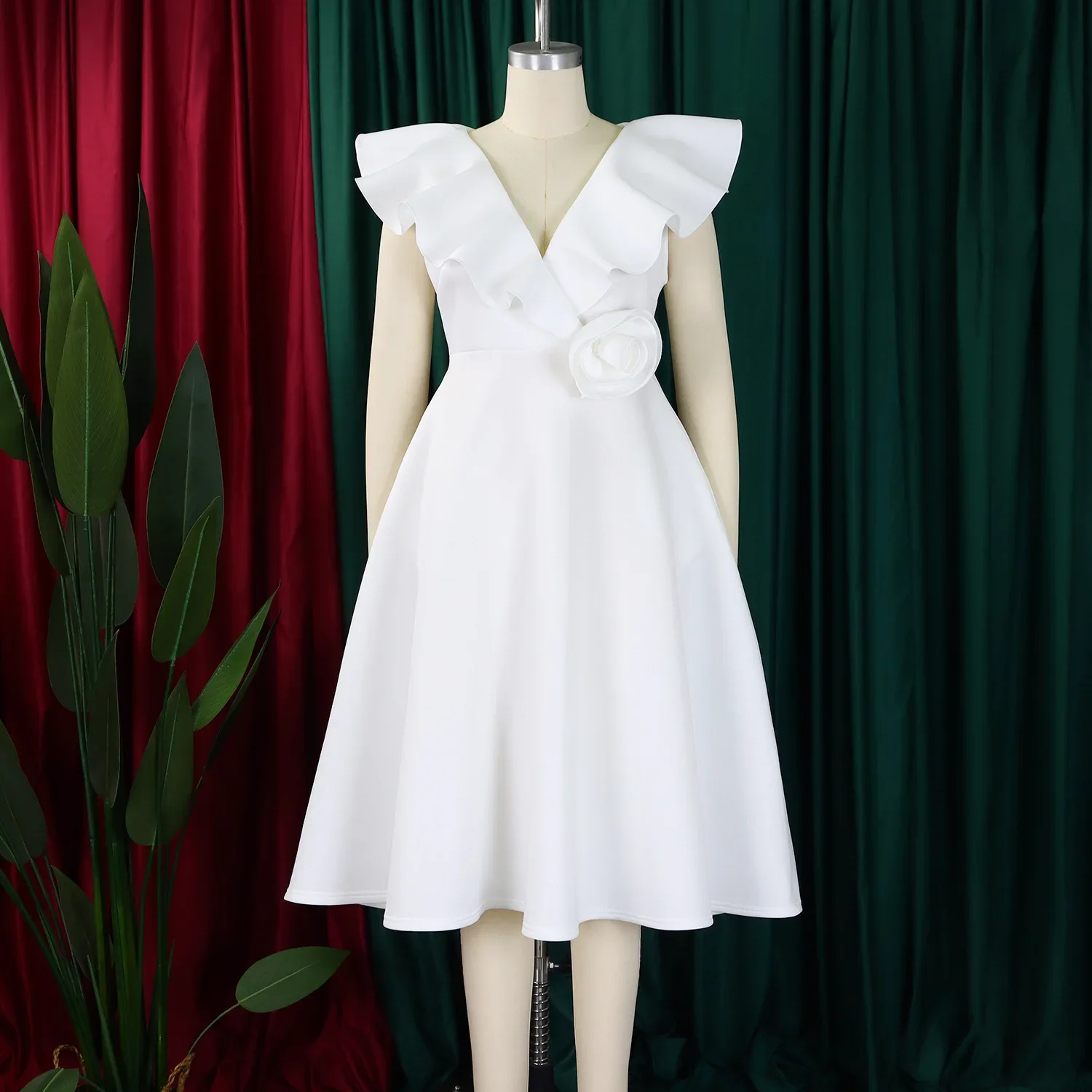 

Customized Elegant Party Dresses Women Round Neck Ruffles Sleeve High Waisted A Line Pleated Mid Calf Luxury Female Birthday Din