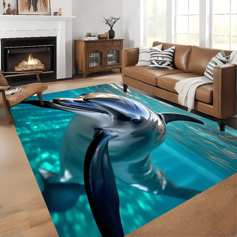 Dolphin Ocean Area Rug Polyester Mat Waterproof Sea Life Nautical Coastal Beach Decor Floor Runner for Living Room Bathroom