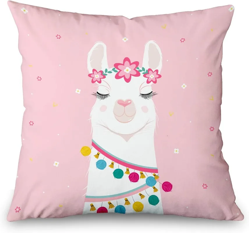 Decorative Throw Pillow Cover Square  Cute Cartoon Llama Pink  Drawing Funny Girl Greeting Love Home Decor Zippered Pillowcase