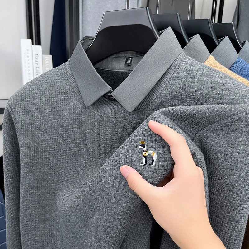 

High quality shirt collar fashion sweater men's autumn exquisite cute dog embroidery Korean casual comfortable knitted pullover