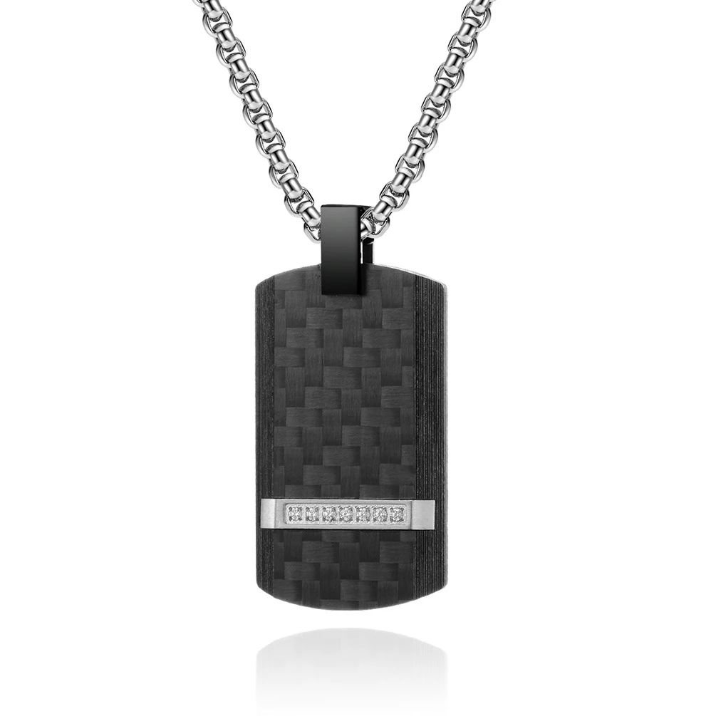 Men\'s Personalized Necklace Black Pure Carbon Combination Stainless Steel With White Zirconia Military Pendant