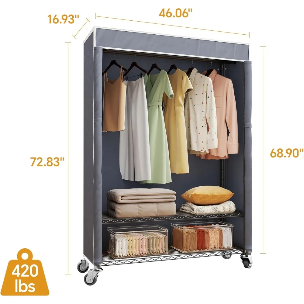 H4 Plus Rolling Clothes Rack with Cover, Heavy Duty Garment Rack, Wardrobe Closet with Wheels, Portable Closets for Hanging Clot