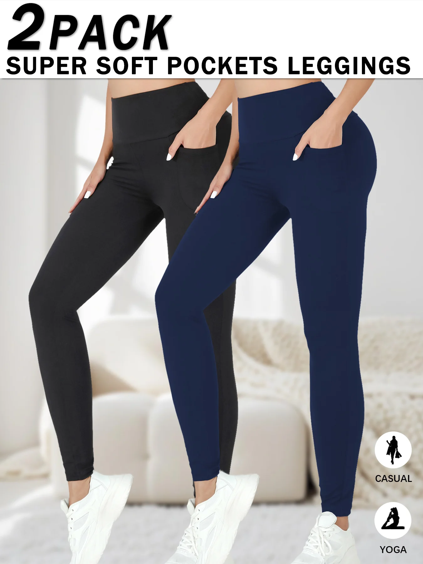 

2 Pack Women's Super Soft Leggings with Pockets, High Waisted Tummy Control for Yoga Workout and Casual Lounge Wear Comfort