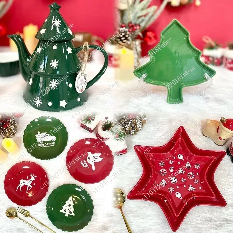 Ceramic Christmas Coffee Mug Teapot Plate Tree Star Candy Dish Nordic Party Kitchen Tableware Cake Snack Drinkware Gift