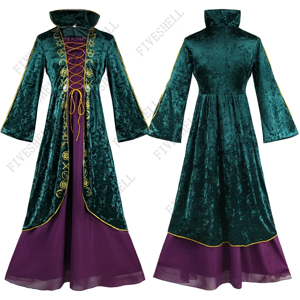 Heks Middeleeuwse Kleding Halloween Cosplay Anime Game Party Donkergroene Aristocratische Hofjurk Volwassen Podium Voorstelling Kostuums