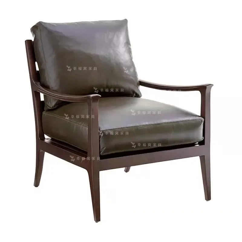American Country Style Solid Wood Single Sofa Simple Modern Retro Fabric Leisure Armchair for Living Room Home Furniture