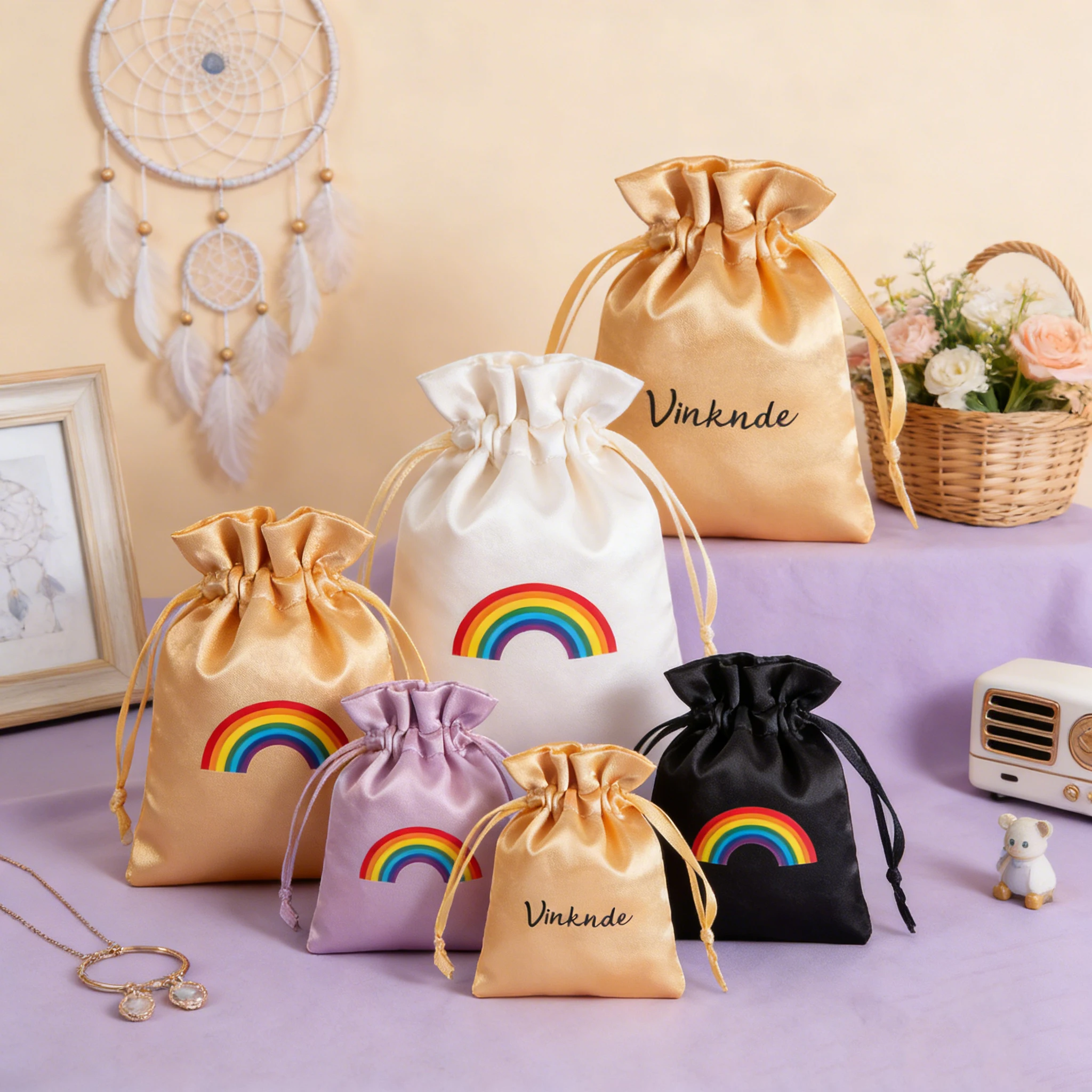 

Personalized Logo 50PCS Chic Satin Silk Drawstring Rope Pouch Packaging Wedding Favor Gift Bags Candy Jewelry Rings Storage Sack