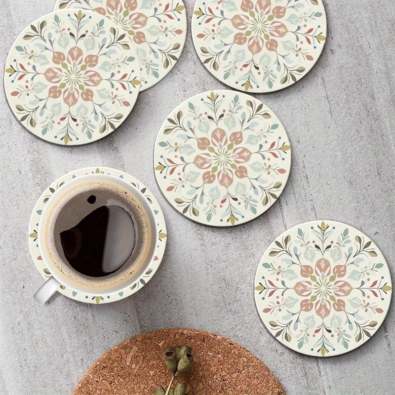 2D 6-teiliges Retro Bohemian Blumenmuster Runde Holzuntersetzer für Kaffeetassen, Getränke, Wein, Bier, Bar-Schutz, Dekoratives Geschenk