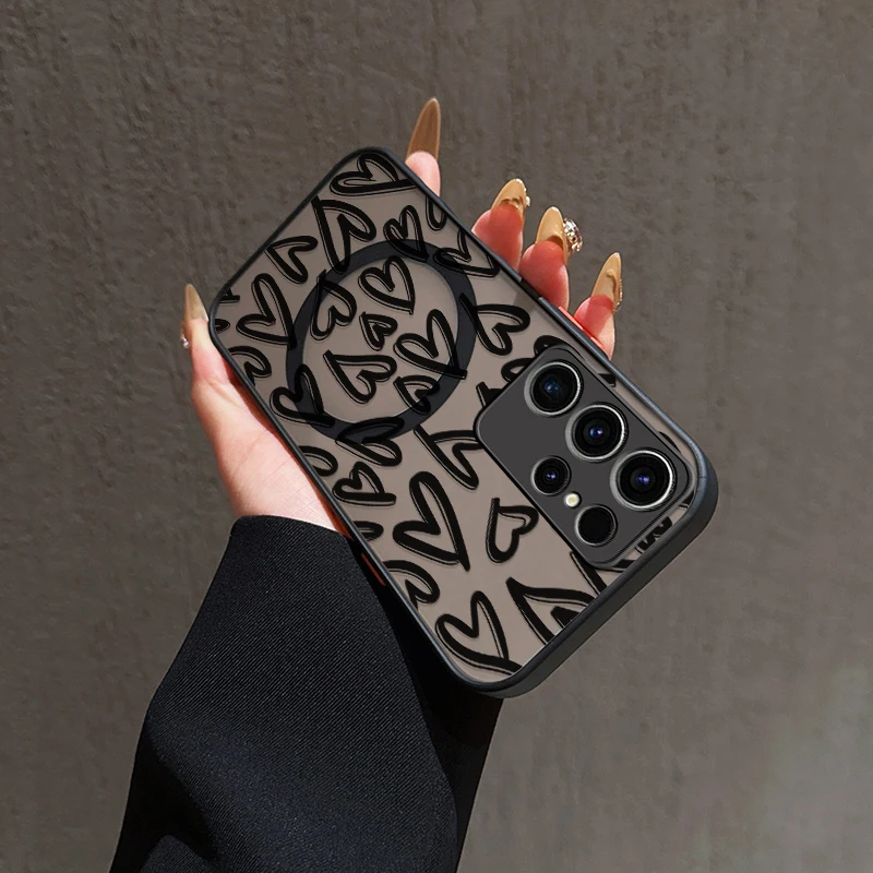 Miękkie etui TPU na telefon Samsung Galaxy S25 S24 S23 S22 Ultra Plus S21 S23 S20 FE, magnetyczne, czarne, z wzorem serca, matowe.